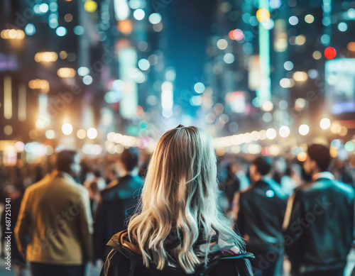 Back of a blonde woman walking on crowded street at night in business district. ai generated