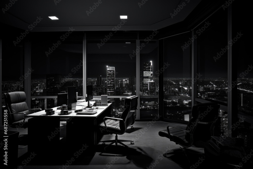 A black and white photo of a desk with a view of a city. Perfect for office or workspace concepts A black and white photo of a desk with a view of a city. Perfect for office or workspace concepts