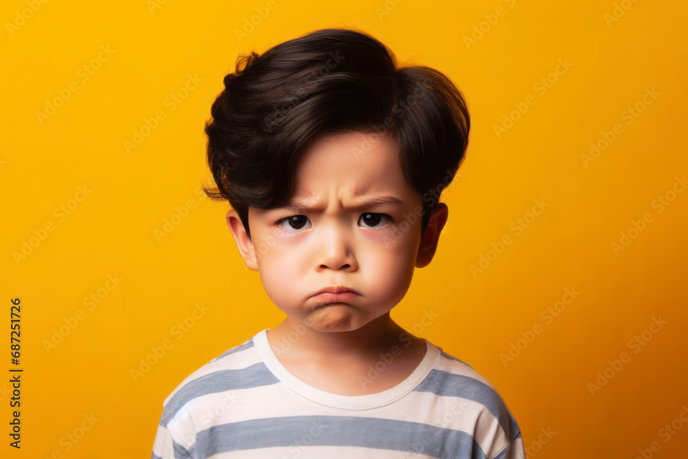 Angry disgruntled little boy on a solid yellow background. ai generative Angry disgruntled little boy on a solid yellow background. ai generative