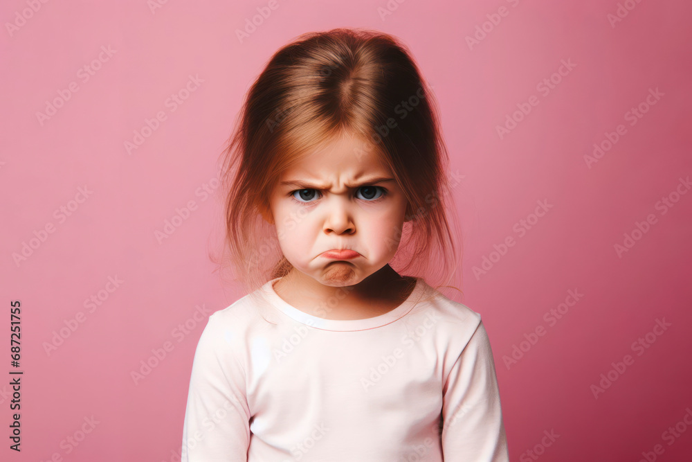 Angry disgruntled little girl on a solid pink background. ai generative