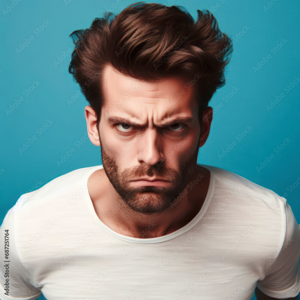 Fototapeta premium Angry, disgruntled man on a solid blue background. ai generative