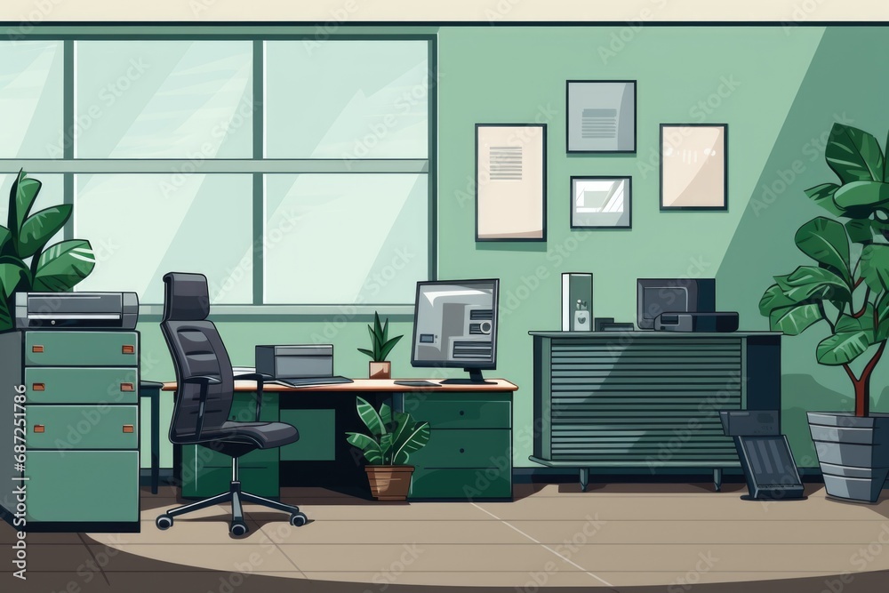 An office setting with a desk, chair, computer monitor, and a plant. Perfect for depicting a professional workspace or a home office.
