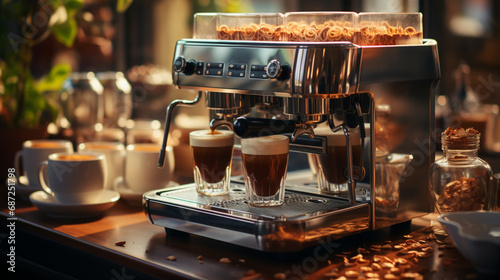 Coffee machine on a table with coffees with a soft layer of delicate foam. Coffee beans, a soft layer of foam, and a warm morning light come together in a delicious and refined experience.
