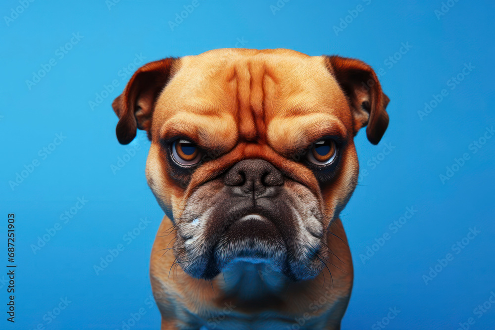Angry, disgruntled dog on a blue background. ai generative