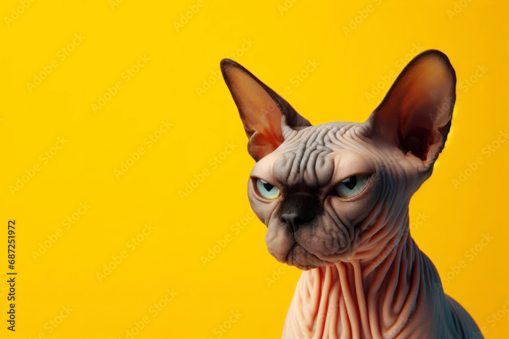 Angry disgruntled sphinx cat on a blue background. ai generative