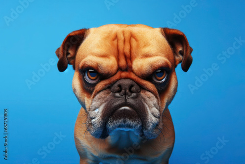 Angry, disgruntled dog on a blue background. ai generative © Igor