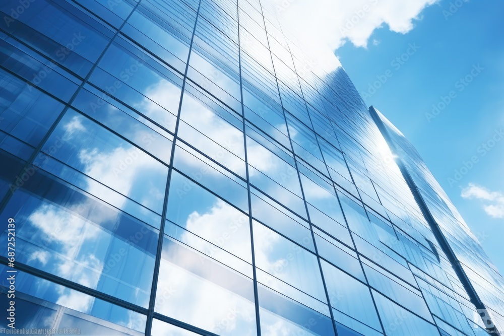 A picture of a tall glass building with a clear blue sky in the background. Suitable for corporate, urban, and architecture themes