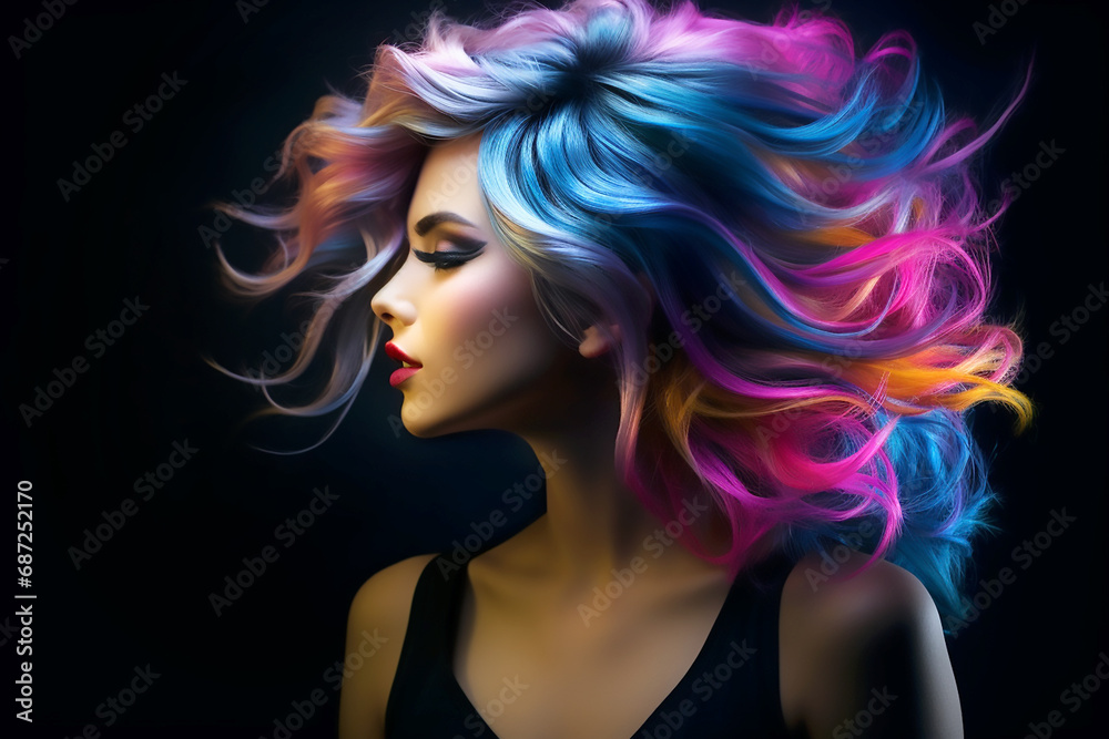 Portrait of a beautiful girl with rainbow neon hair style on black background. Portrait of a beautiful girl with rainbow neon hair style on black background.
