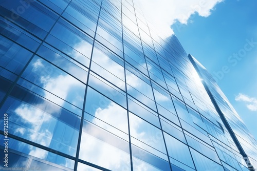 A picture of a tall glass building with a clear blue sky in the background. Suitable for corporate  urban  and architecture themes