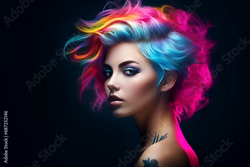 Portrait of a beautiful girl with rainbow neon asymmetric hair style on black background.