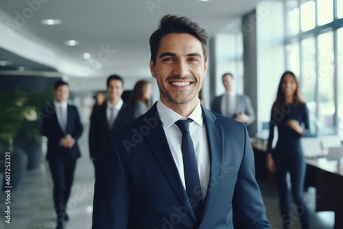 A confident man in a suit and tie standing in front of a group of people. This image can be used to represent leadership, teamwork, and business meetings