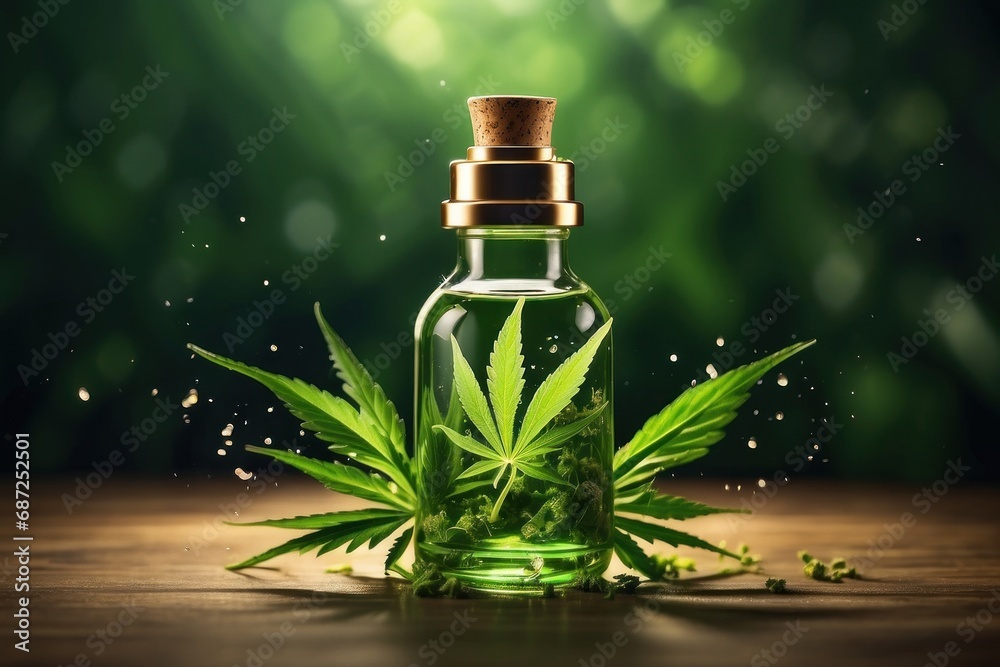 Medical cannabis liquid glass bottle oil splash with hemp leaf. ai generative Medical cannabis liquid glass bottle oil splash with hemp leaf. ai generative