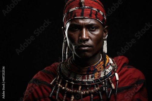 photorealistic studio portrait of a Maasai Warrior on black background. ai generative photo
