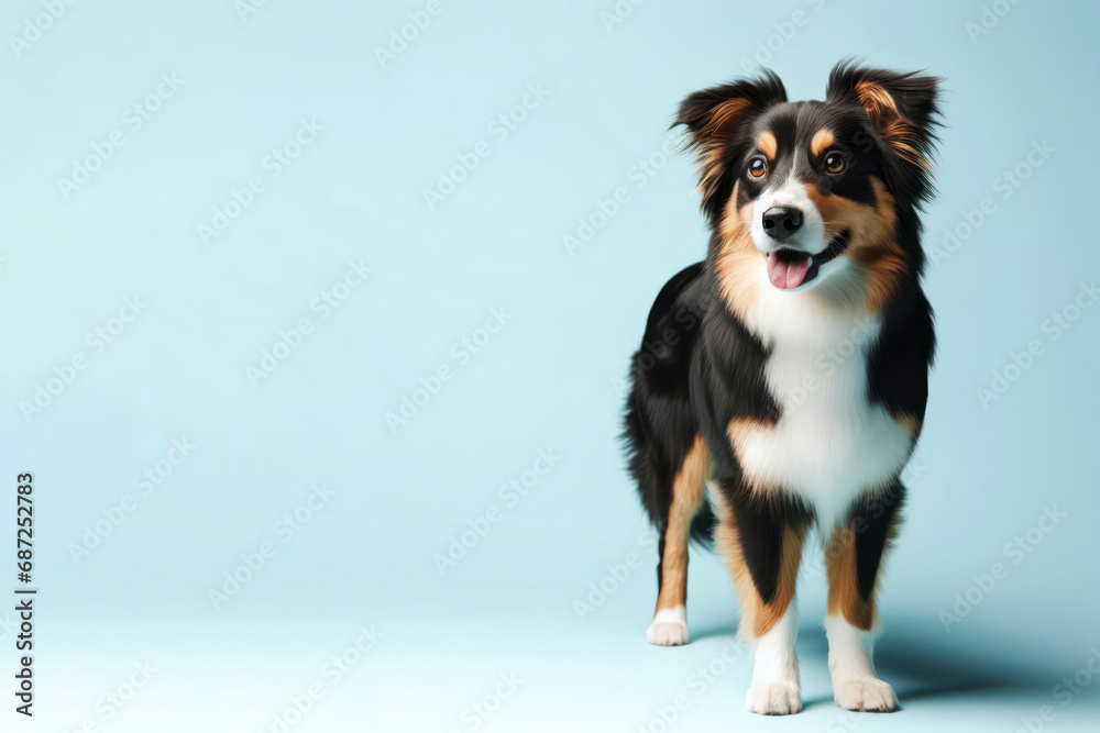 Studio portrait of dog standing on bright pastel blue studio background. ai generative Studio portrait of dog standing on bright pastel blue studio background. ai generative