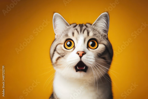 Studio portrait of surprised cat on bright yellow studio banner with empty copy space. ai generative © Igor