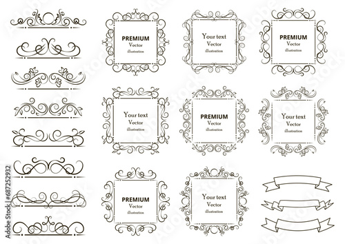 Calligraphic design elements . Decorative swirls or scrolls, vintage frames , flourishes, labels and dividers