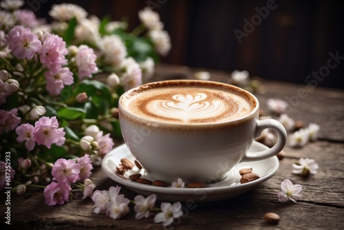 top view Beautiful Cappuccino on a Wooden Table with Spring Flowers. ai generative