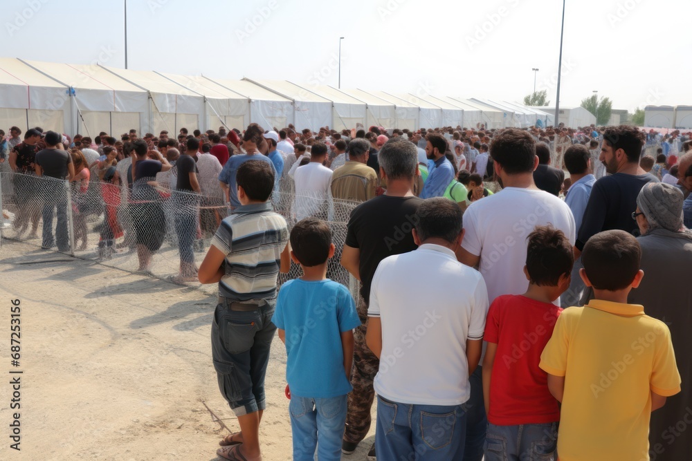 Obraz premium Huge queue and Crowd of homeless refugees view from the back with staff and children. Refugees and economy crisis.