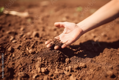 Expert hand of farmer checking soil health before growth a seed of vegetable or plant seedling. Neural network AI generated art