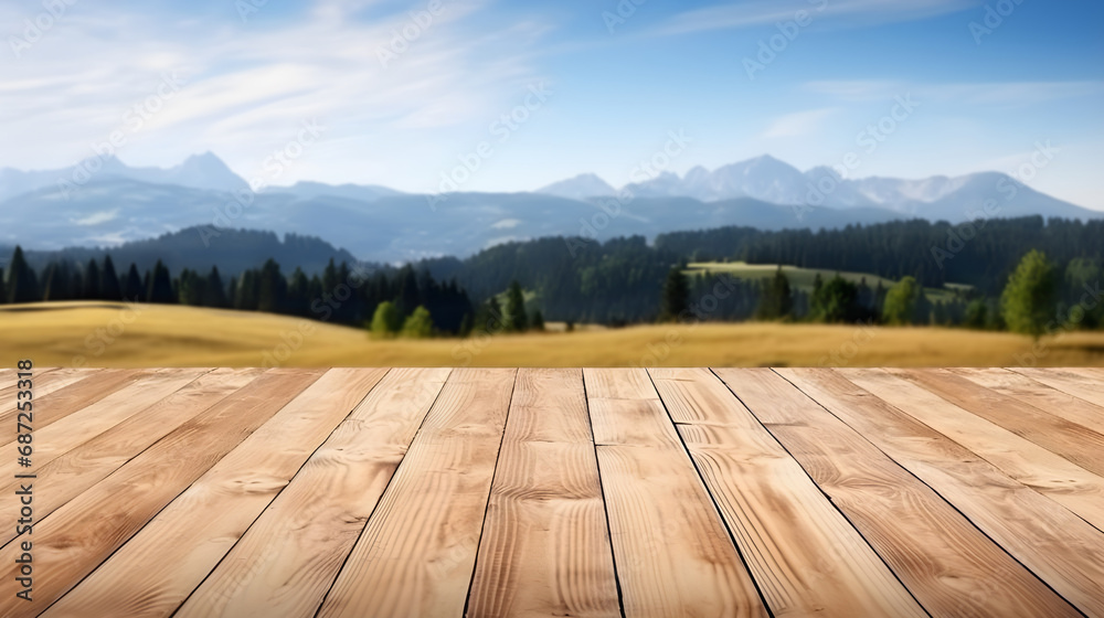 Empty wooden table top with Scandinavian, outdoors, mountain, field and forest background. Template for product display. Stage for product design Generative AI Empty wooden table top with Scandinavian, outdoors, mountain, field and forest background. Template for product display. Stage for product design Generative AI