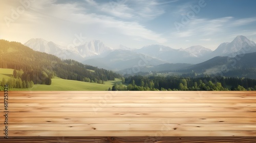 Empty wooden table top with Scandinavian, outdoors, mountain, field and forest background. Template for product display. Stage for product design Generative AI