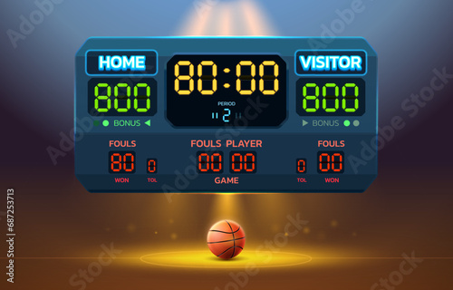 basketball scoreboard stadium spotlight and scoreboard background with glitter light vector illustration. You can change number of score easily. photo