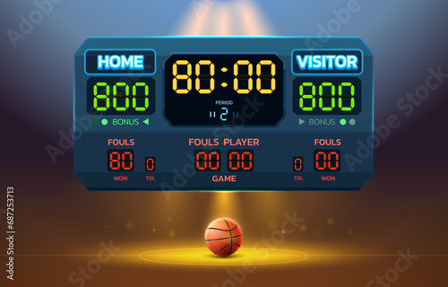 basketball scoreboard stadium spotlight and scoreboard background with glitter light vector illustration. You can change number of score easily.