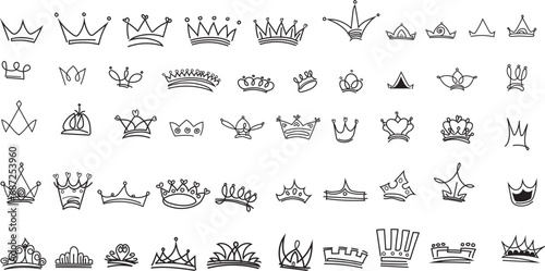 Hand drawn doodle crowns. King crown sketches, majestic tiara, king and queen royal diadems vector. Line art prince and princess luxurious head accessories isolated on white background photo
