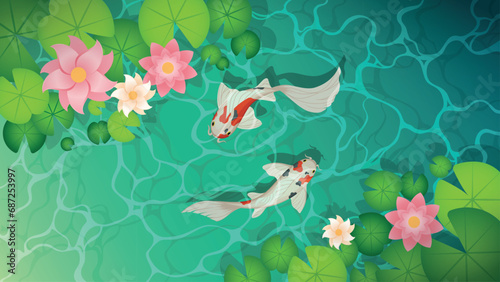 Pond with koi fish and water lily leaves top view. Vector cartoon landscape of green lake or river surface with water plants and koi fish.