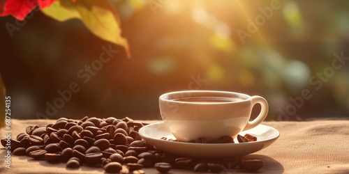 Cup of coffee on table with coffee beans, with sunbeam light