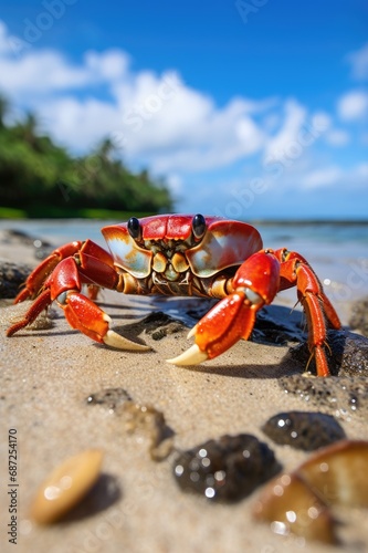A vibrant red crab on a tropical sandy beach. © Spencer