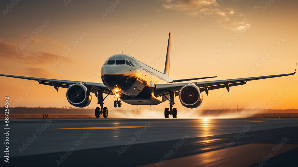 A passenger plane takes off from the runway at sunset A passenger plane takes off from the runway at sunset