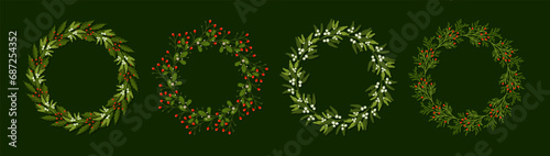 Christmas wreaths with leaves, coniferous branches, red berries and mistletoe on a green background. Set of winter floral frames. Vector illustration