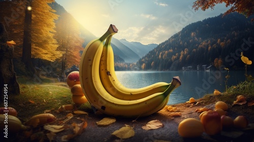 Enchanting surroundings embrace a jubilant banana character, its form illuminated by the mesmerizing palette of a fantastic autumn sunset over Hintersee lake photo