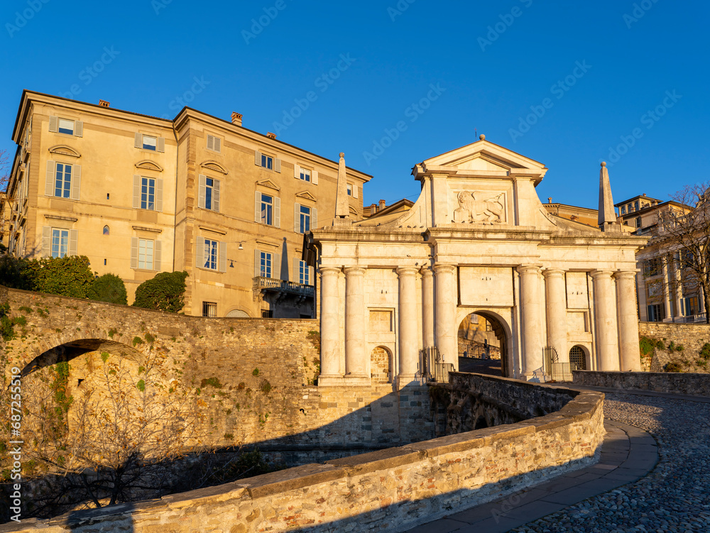 Bergamo, Italy. The old town. One of the beautiful city in Italy. Landscape at the old gate Porta San Giacomo during sunrise