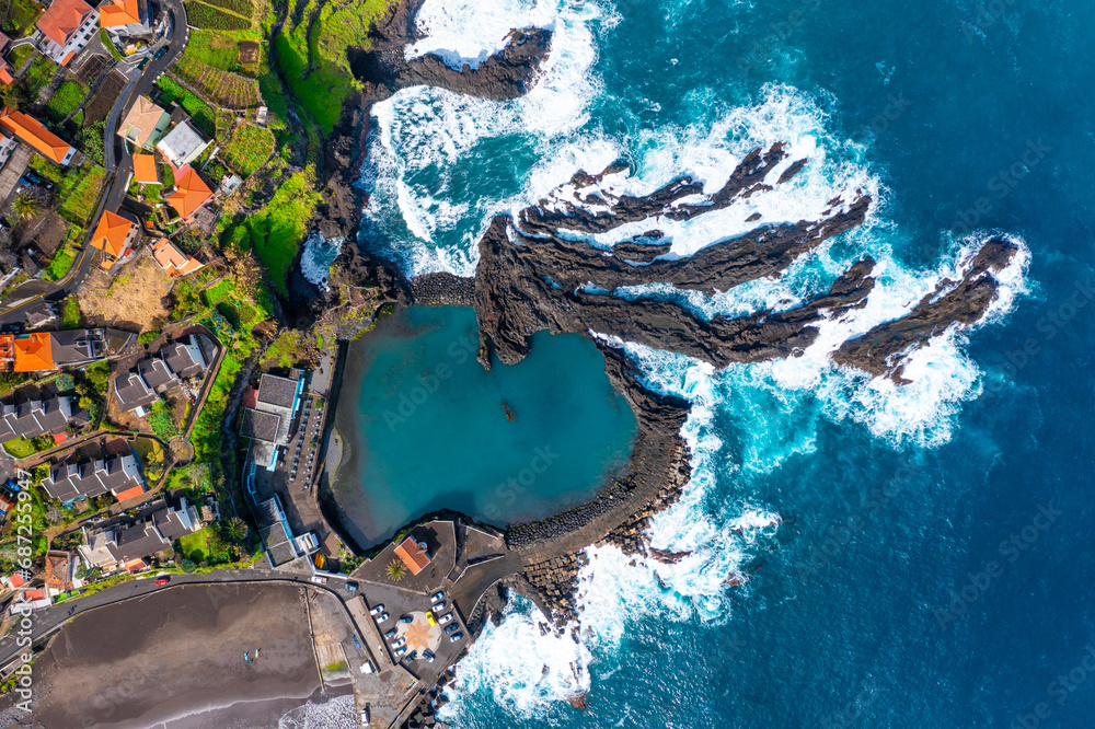 Aerial view of Madeira island. Land meets ocean in Seixal, Madeira, Portugal