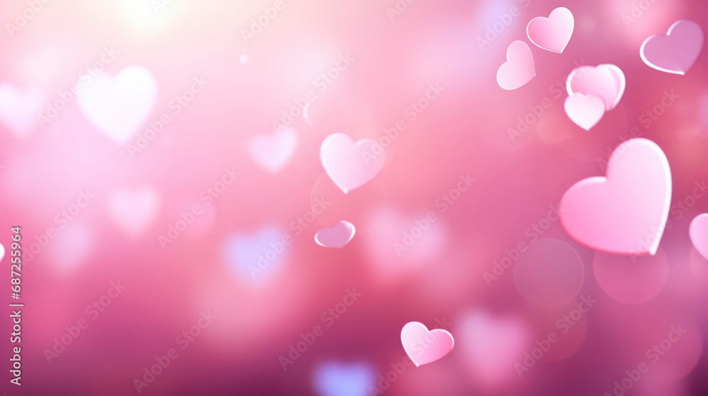 Festive background banner of hearts with bokeh for Valentine's Day cards and greetings, on pink background. Hearts of different shapes and sizes are used as design element. Concept love. Copy space.