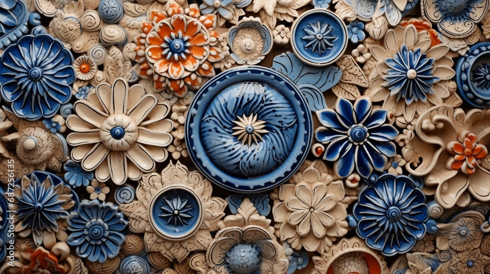 A high-definition image showcasing the intricate details of handcrafted ceramic tiles in an artistic arrangement.