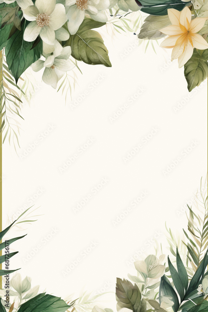 frame of flowers, green nature leaves border wedding invitation card white background with copy space