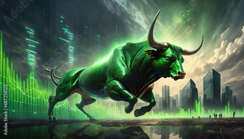 A green bull illustration. Stock market bull run photo