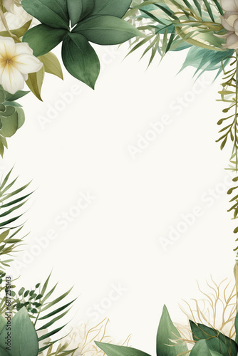 Frame of flowers  green nature leaves border wedding invitation card white background with copy space  eco