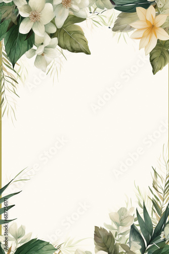 frame of flowers  green nature leaves border wedding invitation card white background with copy space