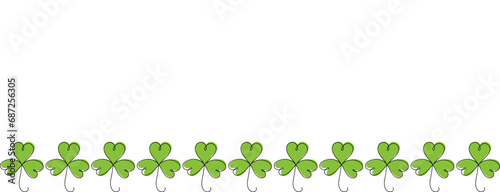Clover leaves arranged evenly geometrically at the bottom of a St. Patrick s Day banner. Outline clover leaves drawn in one continuous line in template for banner, flyer, background