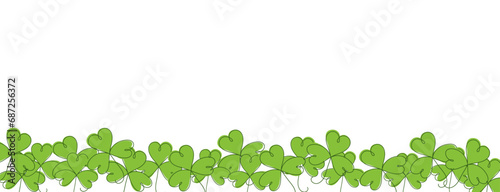 Clover leaves on a white background for St. Patricks Day. Outline clover leaves drawn in one continuous line in template for banner, flyer, background