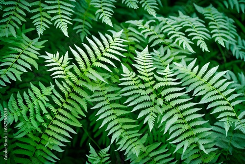 A close-up of delicate frost patterns on vibrant green ferns, showcasing the intricate beauty of nature in the winter.
