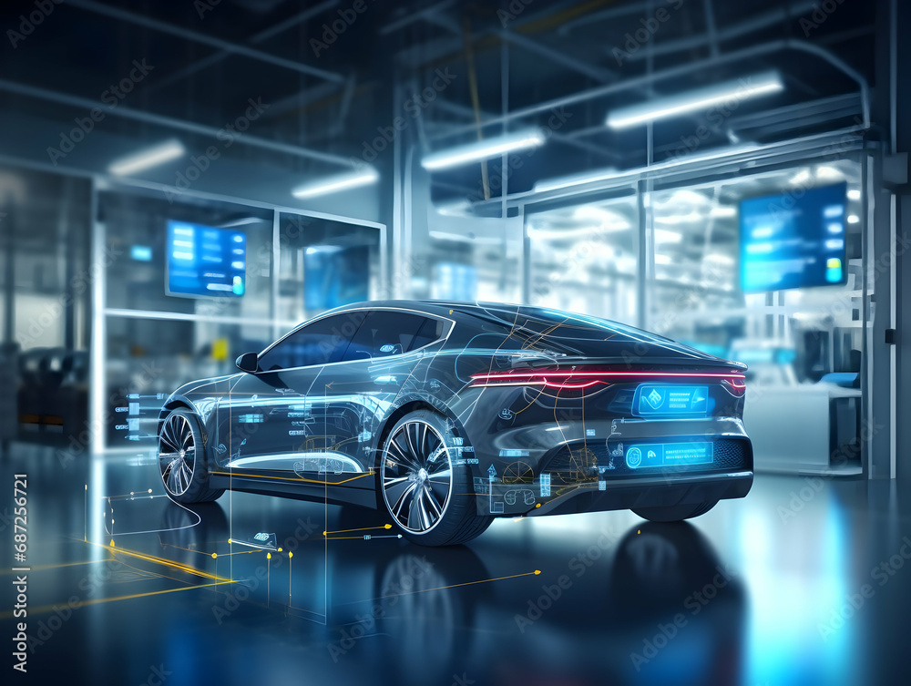 Technician checking and repairing battery cell of electrical vehicle, eco-friendly alternative energy concept, futuristic hybrid vehicle charge battery electric on station, ai generated photo