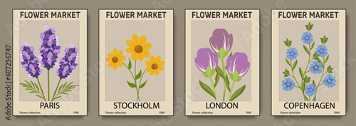 Abstract set flower market posters. Trendy botanical wall arts with floral design in earth tone pastel colors. Modern naive groovy funky interior decorations, paintings. Vector illustration