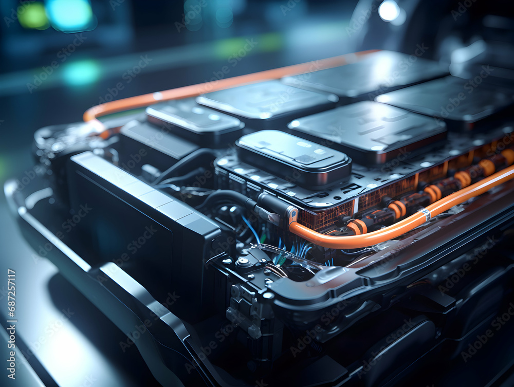 Technician checking and repairing battery cell of electrical vehicle, eco-friendly alternative energy concept, futuristic hybrid vehicle charge battery electric on station, ai generated photo