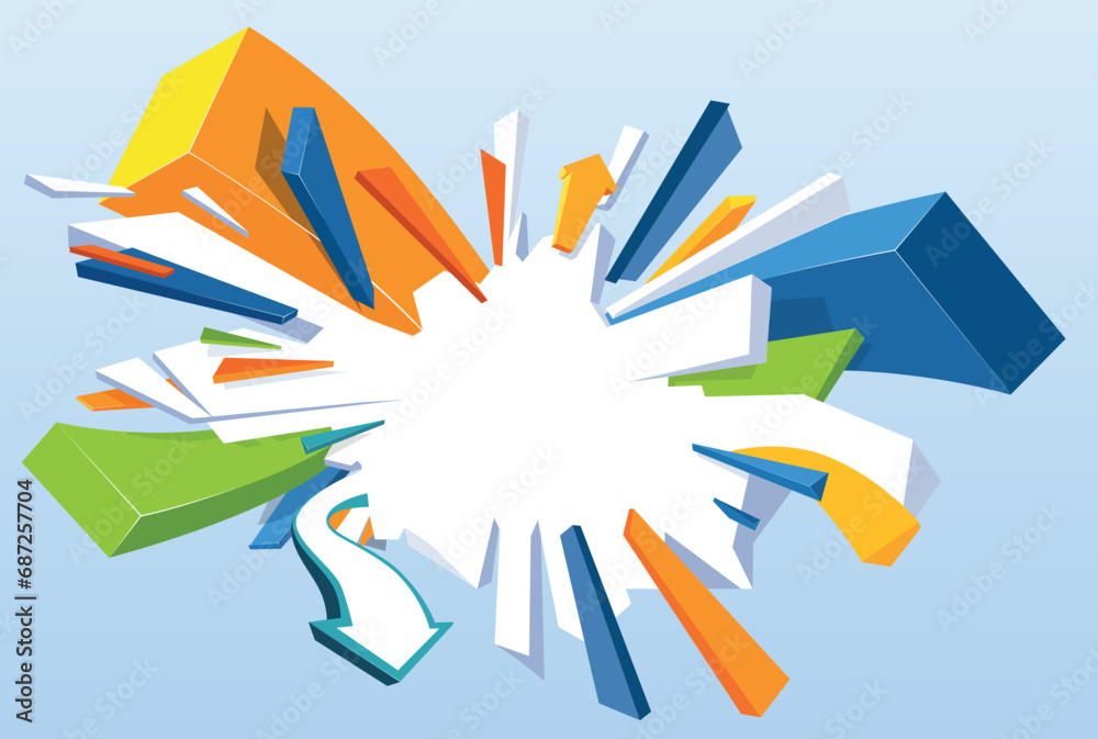 An abstract explosion of geometric three-dimensional shapes flying in different directions
