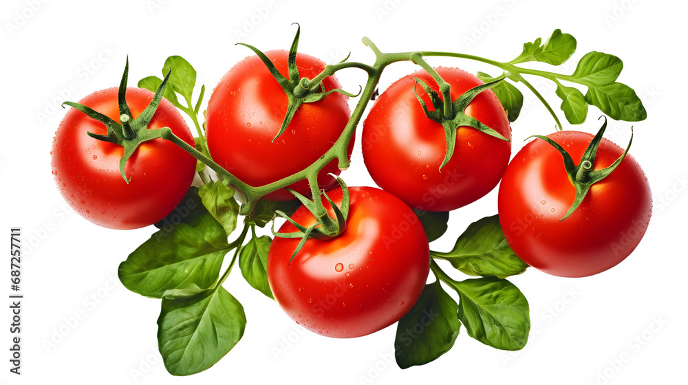 Fresh juicy ripe red tomatoes with green leaves, organic vegetables, white background
